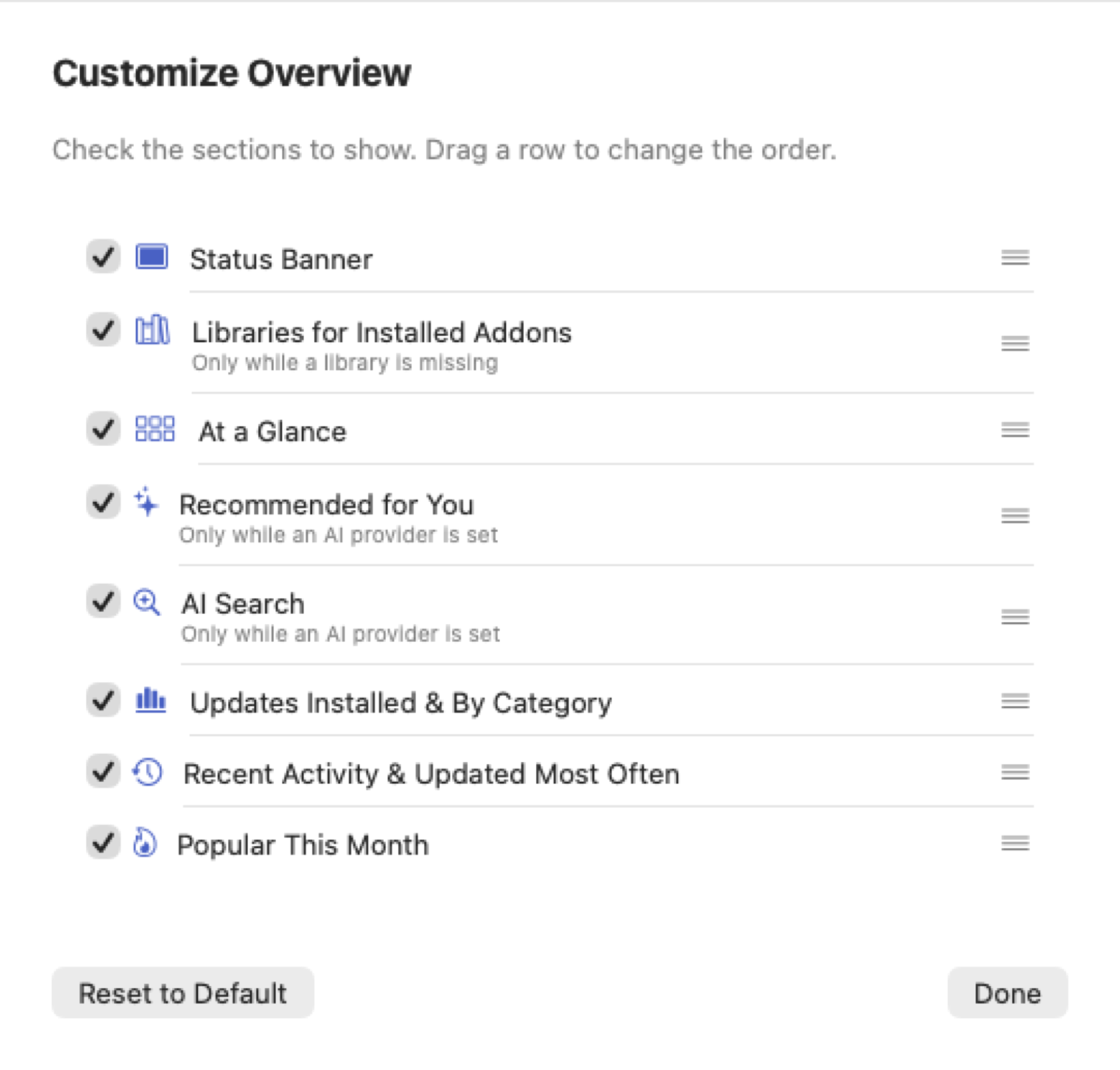 Check to show, drag to reorder.