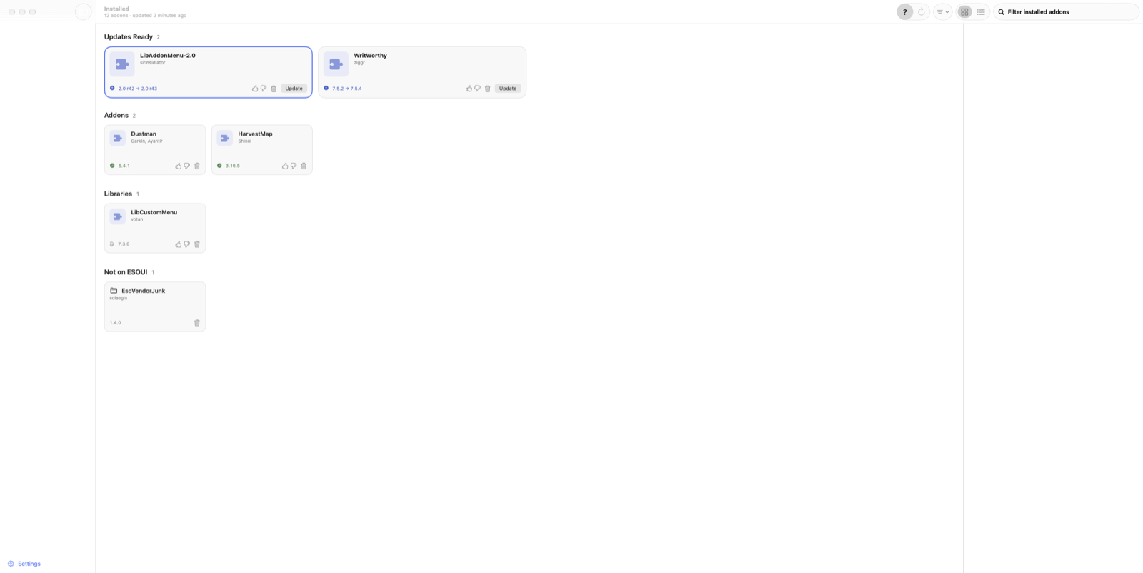 Updates first as wide cards, then addons, libraries, and folders not on ESOUI.