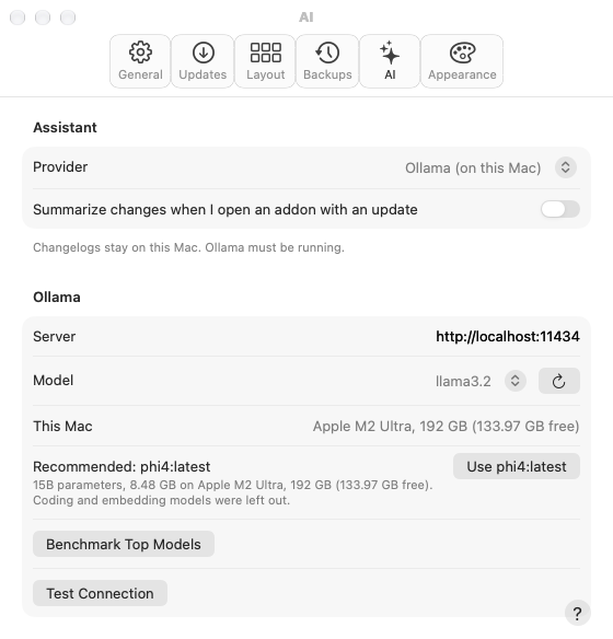 Settings > AI with Ollama: the model recommended for this Mac, and a speed benchmark.