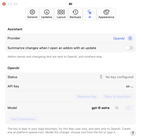Settings > AI with OpenAI: the key's status, Save to Keychain, and the model.