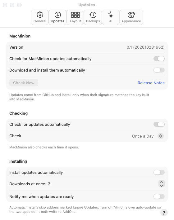 MacMinion's own update settings, above the addon ones.